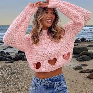 Rebellious Rose Pink Crochet Heart Cutout Crop Sweater